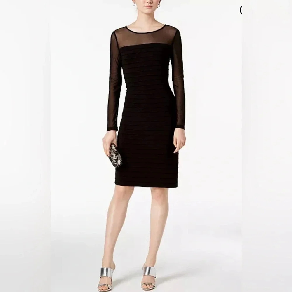 Adrianna Papell Illusion Pleated Body-con Dress Sz 4 Navy